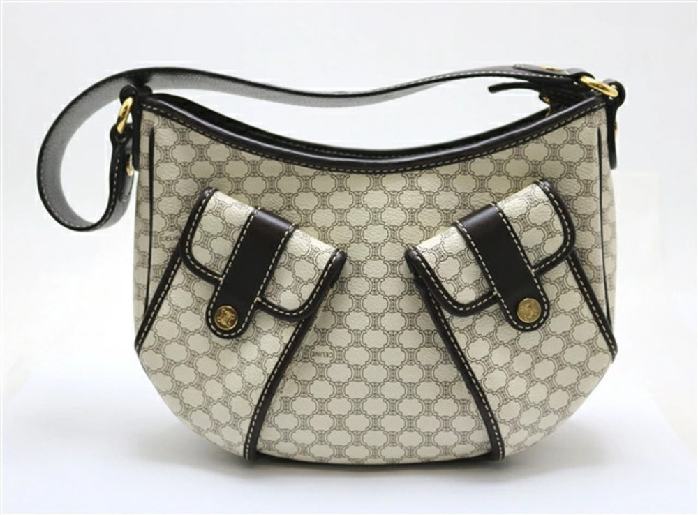 Celine Shoulder Bag White Dark Brown Canvas